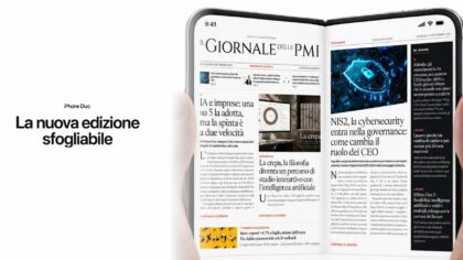 L’edizione sfogliabile del Giornale delle PMI su iPhone Duo aperto, con due pagine affiancate, accanto al titolo La nuova edizione sfogliabile